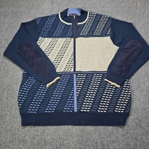Montique‎ Mens 2XL Blue Tan Geometric Print 1/4 Zip Neck Sweater Elbow Patches